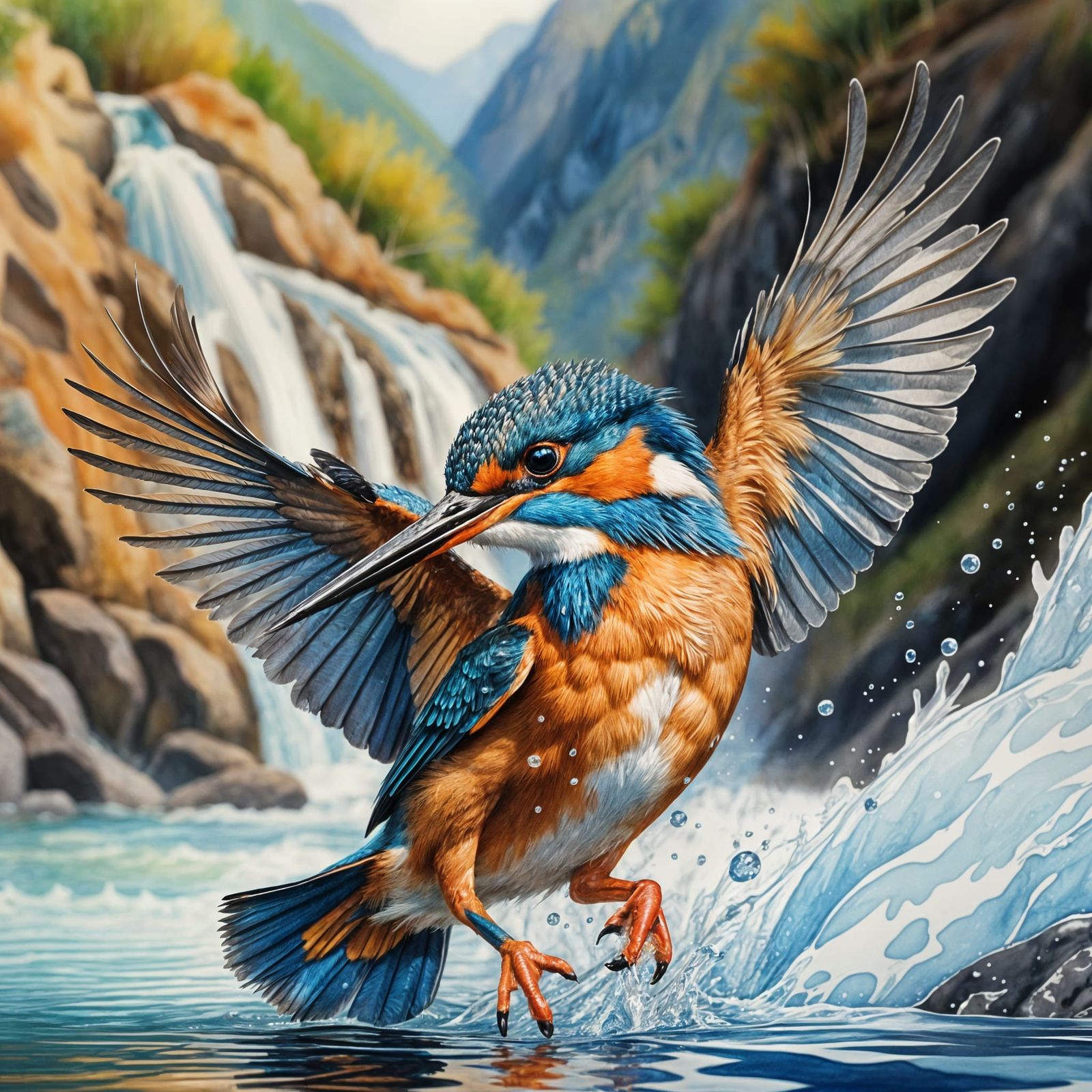Kingfisher Bird Hunting Fish in Mountain Torrent