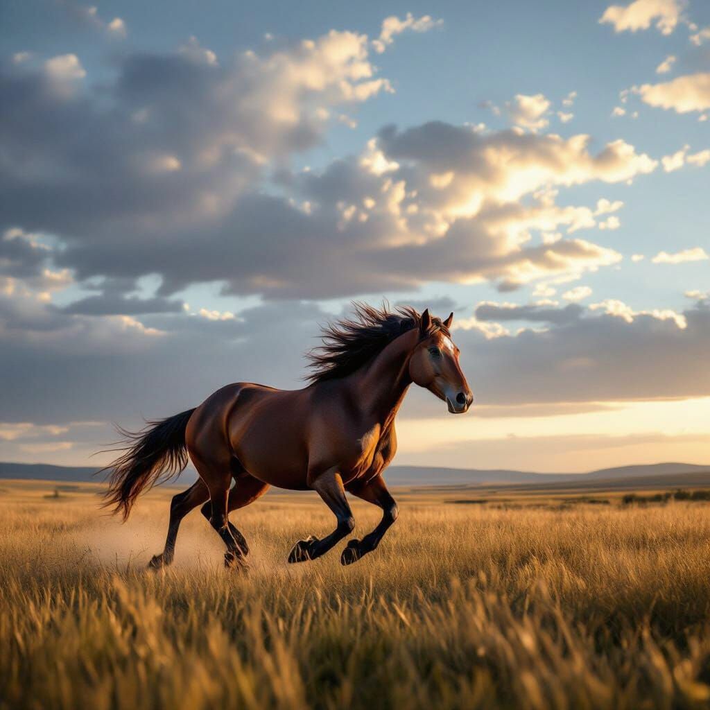 Majestic Stallion Galloping in Golden Hour Cinematic Style