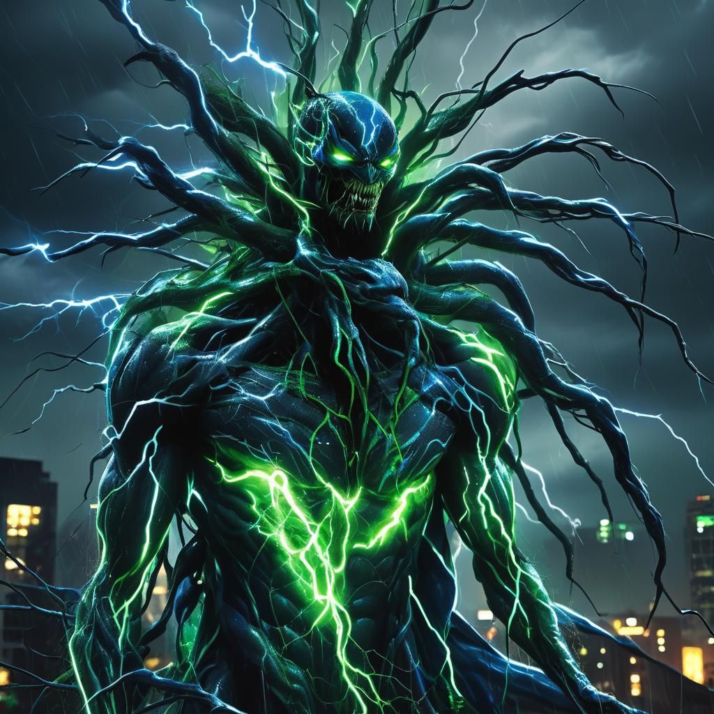 Kryptonite Lightning Symbiote in Stormy Cityscape