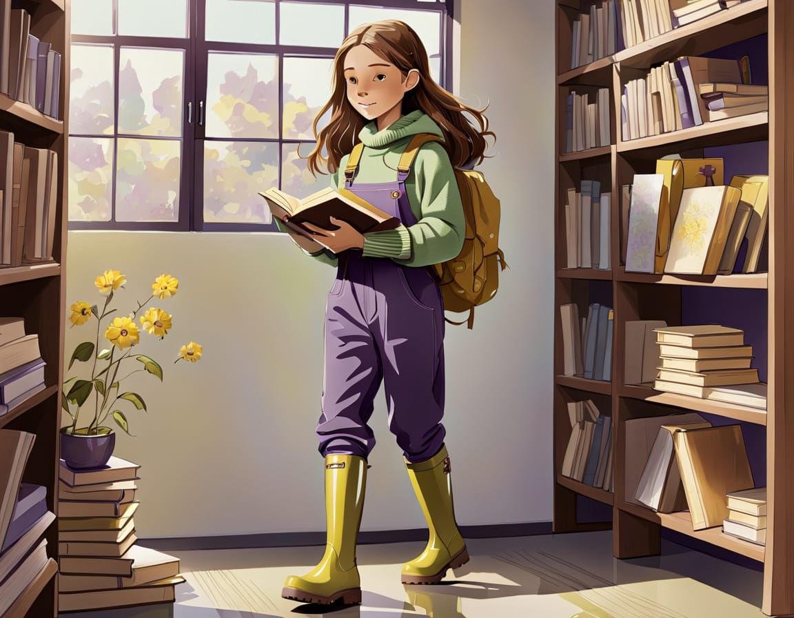 Girl with Books in Purple Jumpsuit Illustration