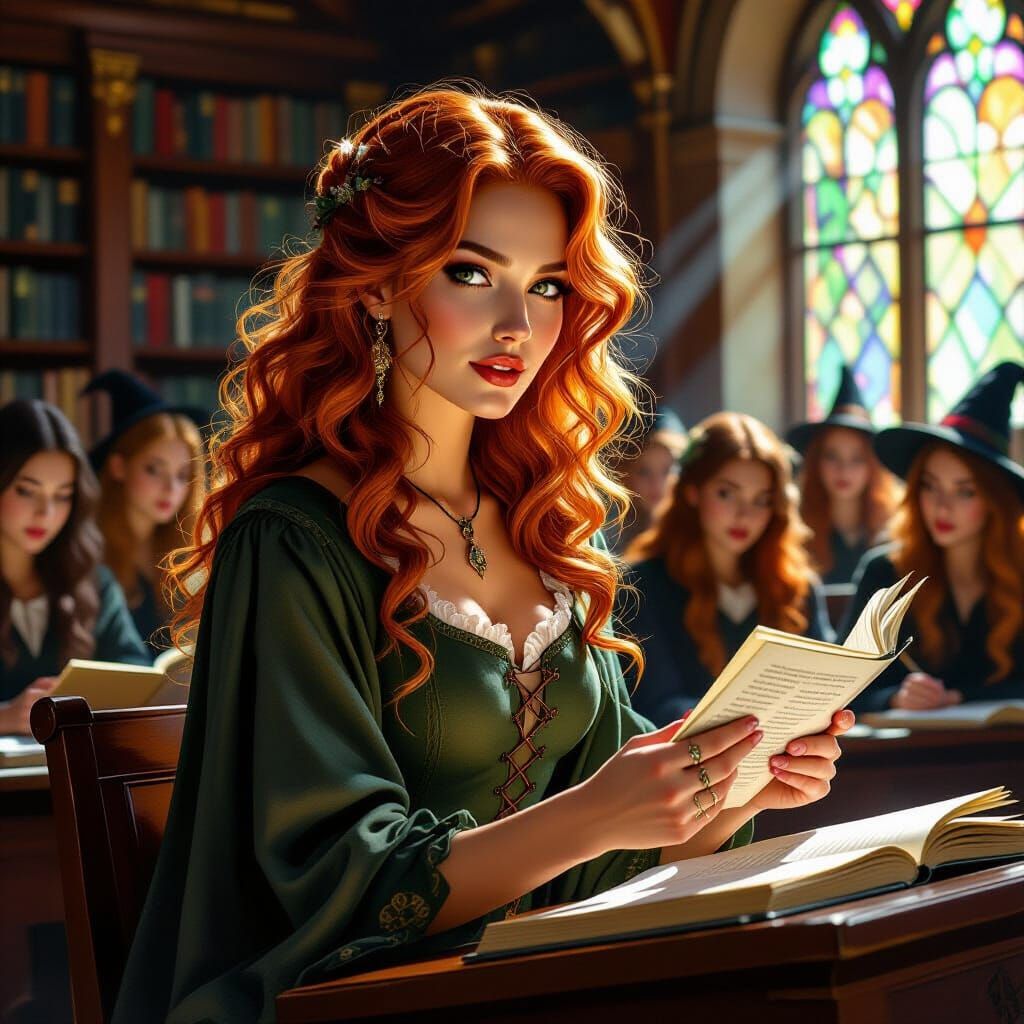 Red-Haired Witch Teaches at University in Oil Painting Style