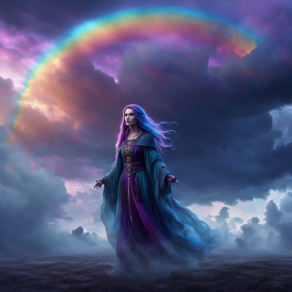 Rainbow Ghost Sorceress in Dramatic Cloudscape
