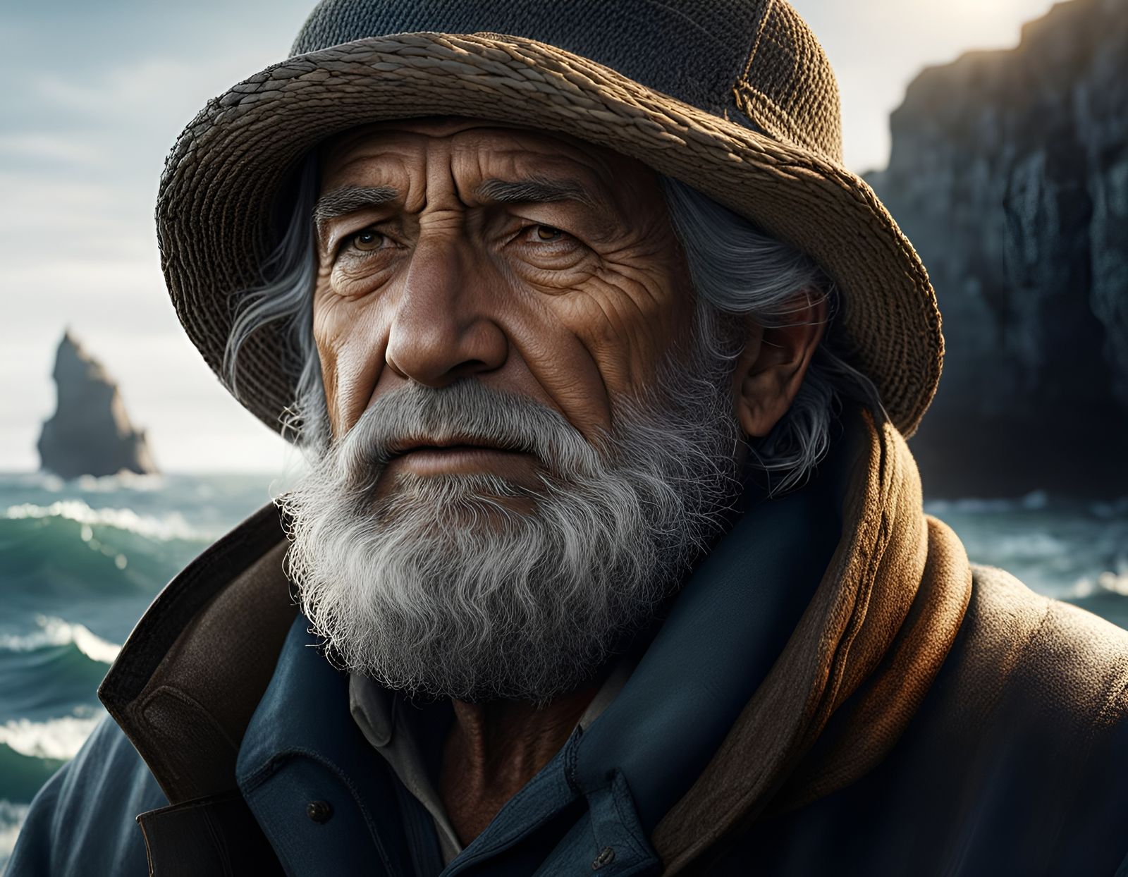 Weathered Fisherman Portrait at Sea in Photorealism