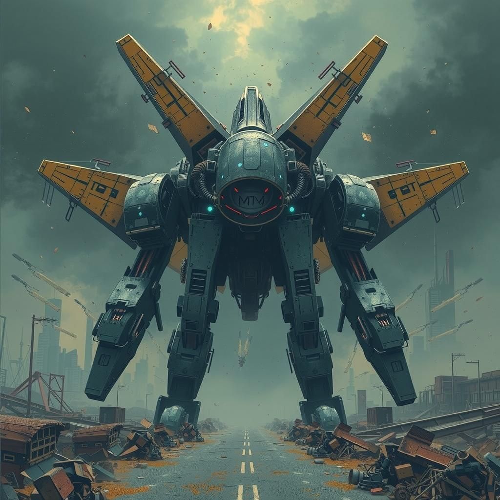 Colossal Robot Rises in Dystopian Cityscape