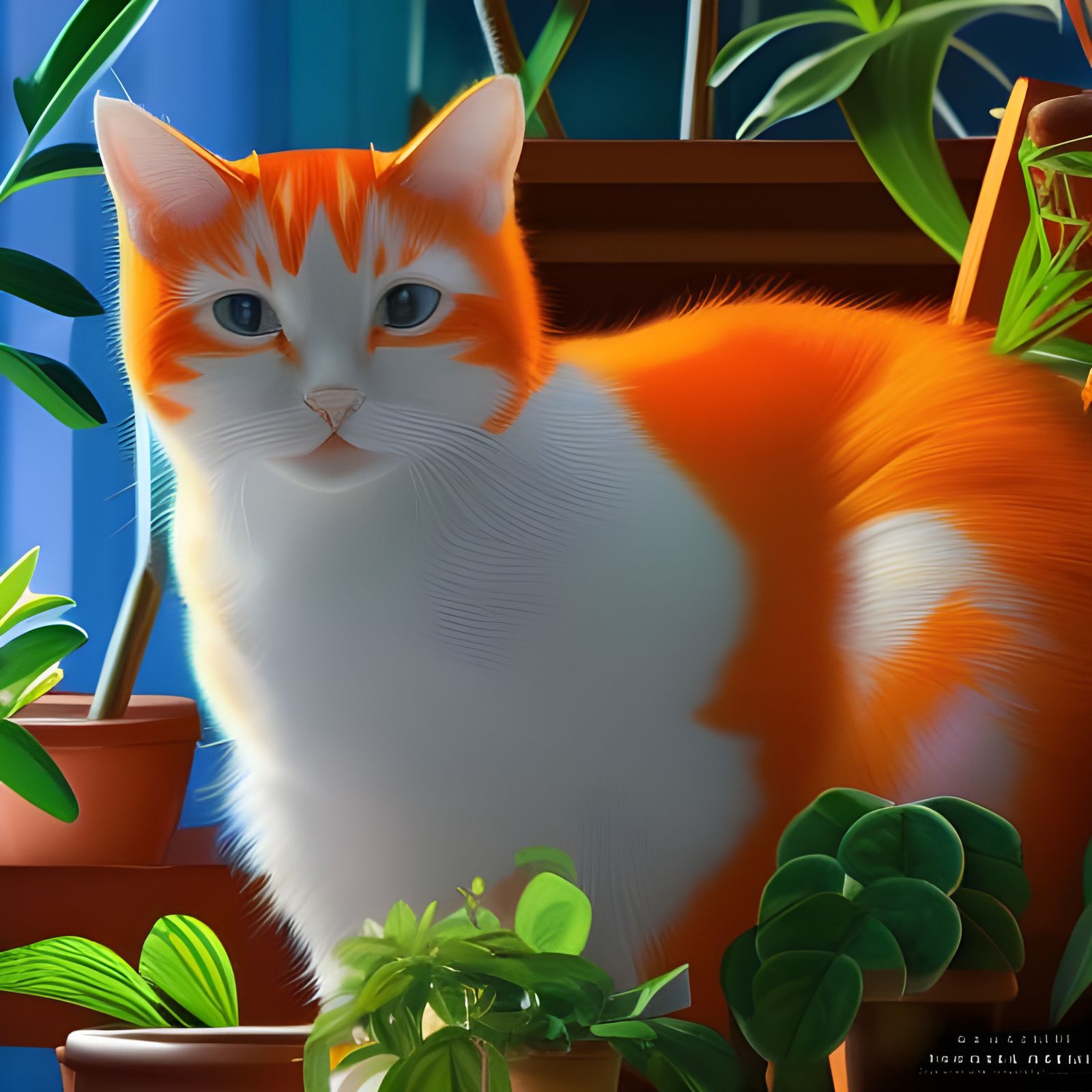 Orange Cat on Blue Pillow: Digital Art Illustration