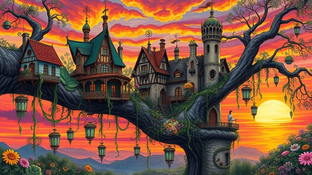 Surreal Branch with Storybook Houses at Sunset