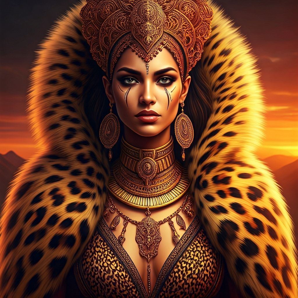 Wild Queen in Leopard Print and Gold Jewelry at Sunset