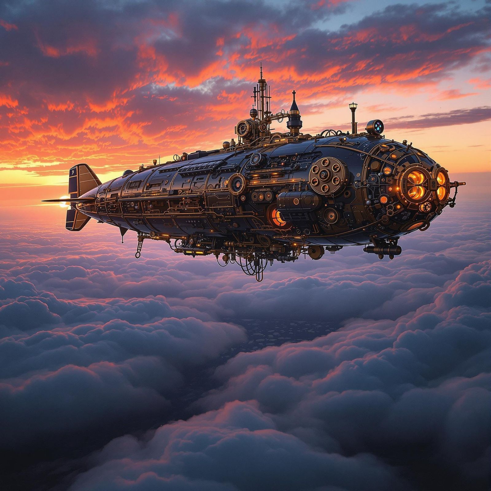Dieselpunk Airship Soaring Through Sunset Sky