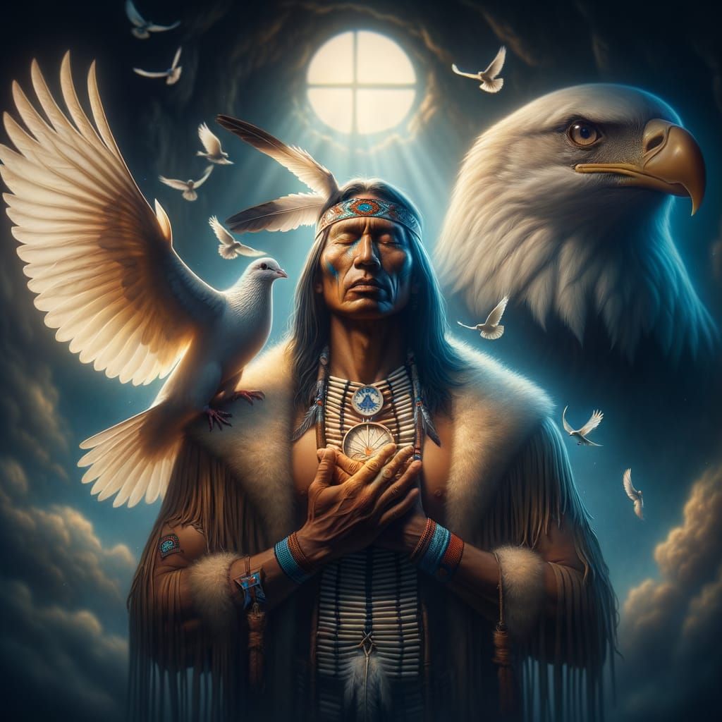 Native American Vision with Eagle and Dove