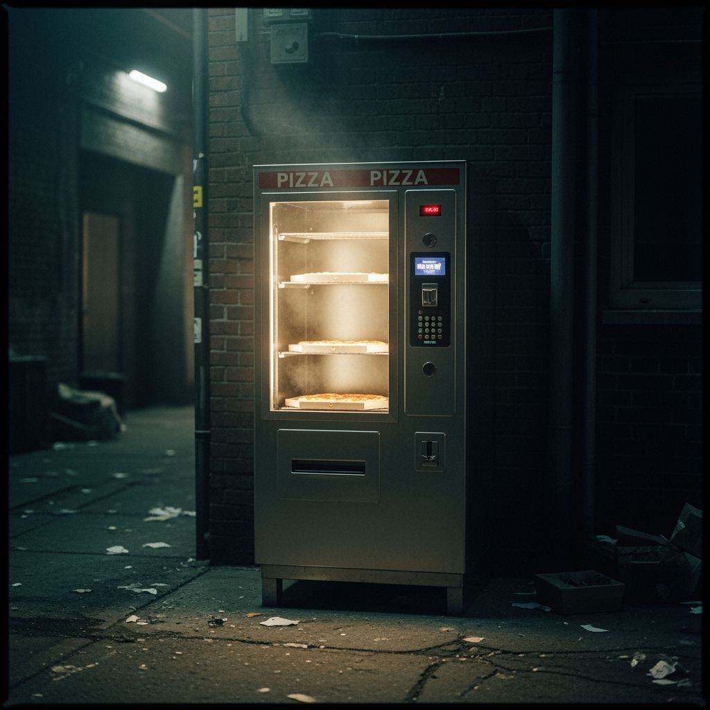 Pizza Vending Machine in Dim Alleyway, Cinematic Film Still