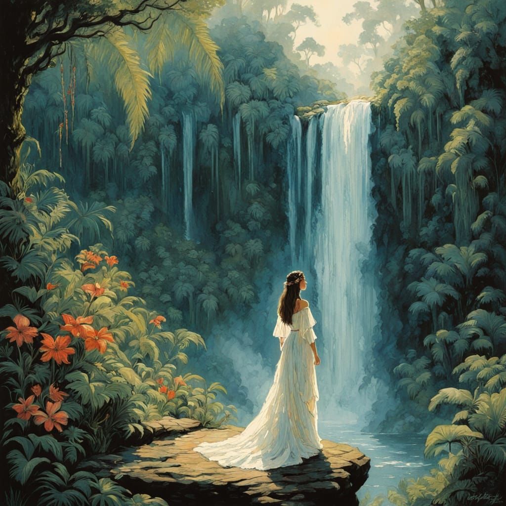 Ethereal Waterfall Goddess Amidst Tropical Bloom