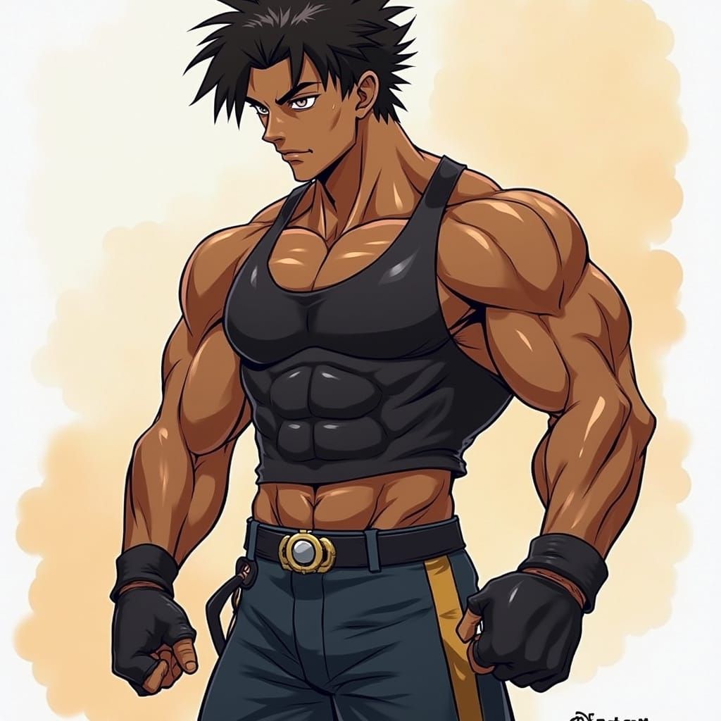 Dark Skinned Anime Muscular Boy in Dynamic Pose