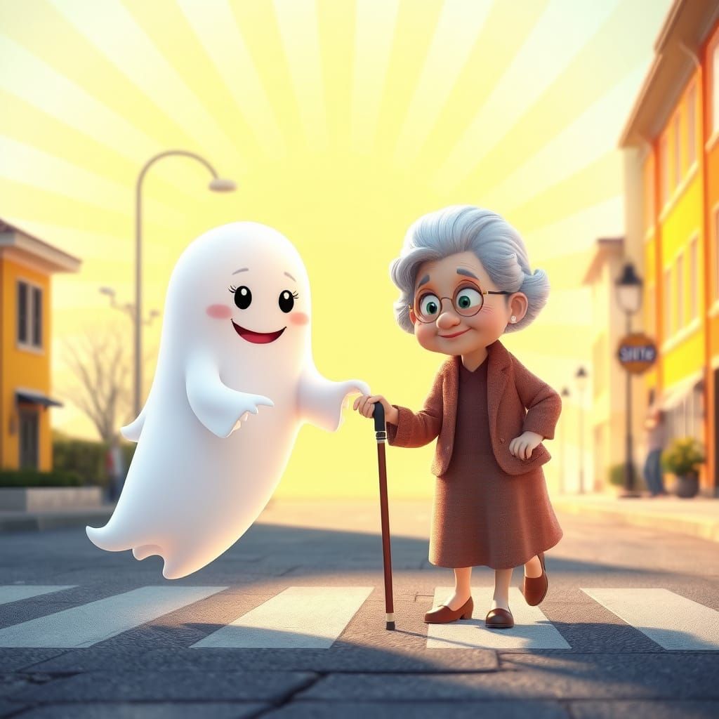 Friendly Ghost Assists Elderly Woman Crossing Street in Pixa...