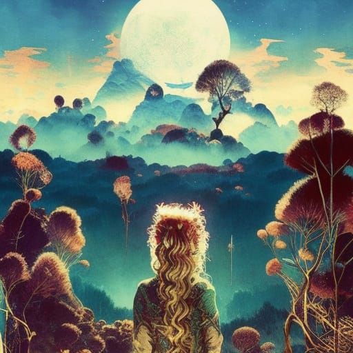 Goddess with Golden Hair in Inky Sky