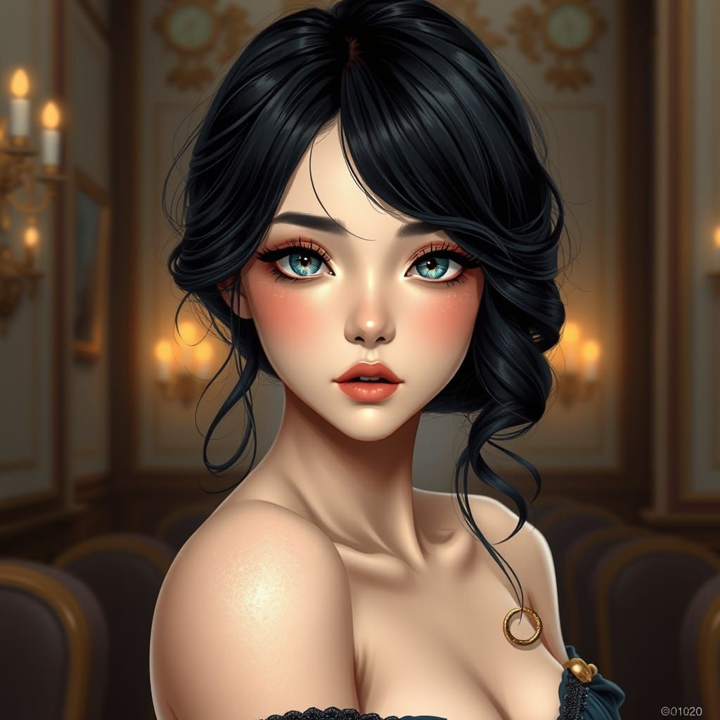 Elegant Woman with Black Hair and Ice Blue Eyes