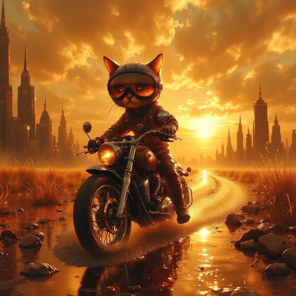 Motorcycle Kitten in Post-Apocalyptic Wasteland