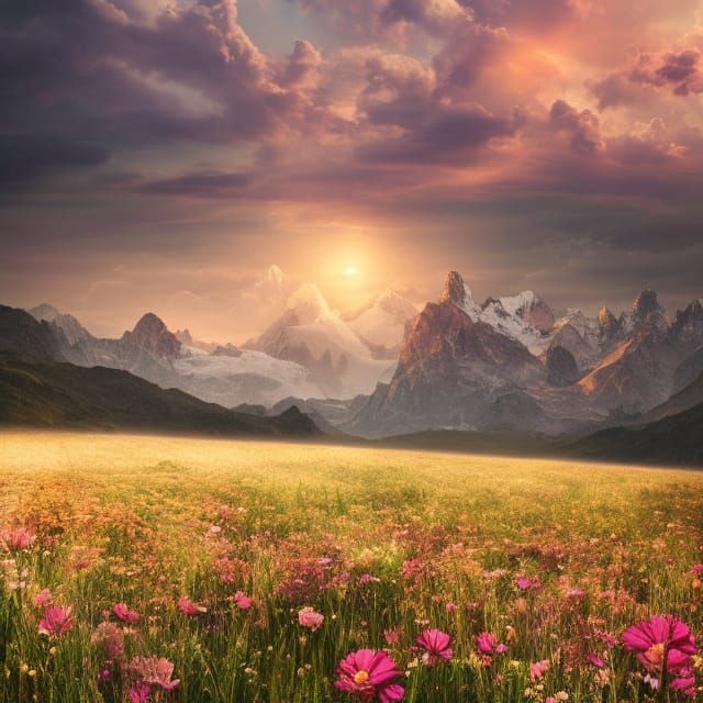 Epic Sunset Over Flower Meadow and Alps