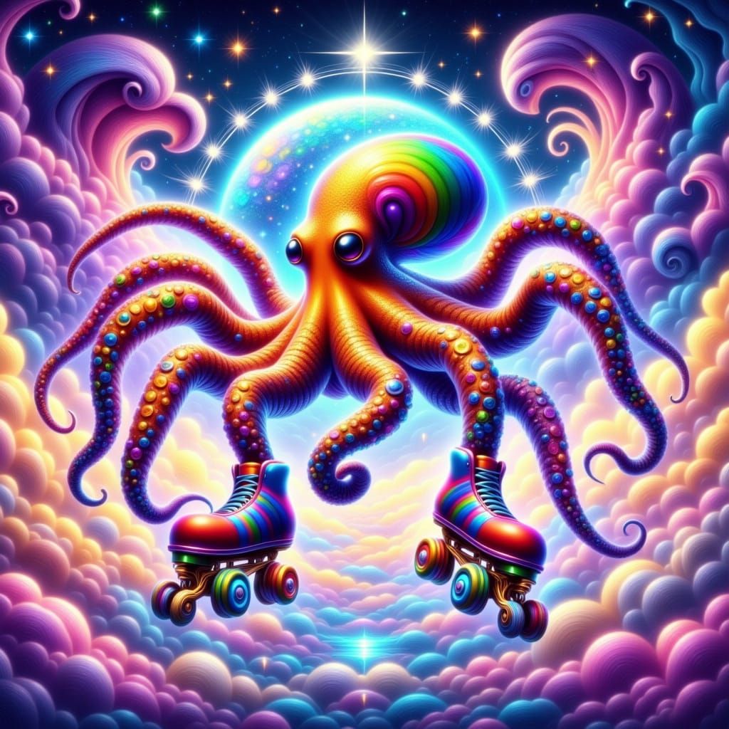 Whimsical Zodiac Roller Skating Spider-Octopus in Vibrant Co...