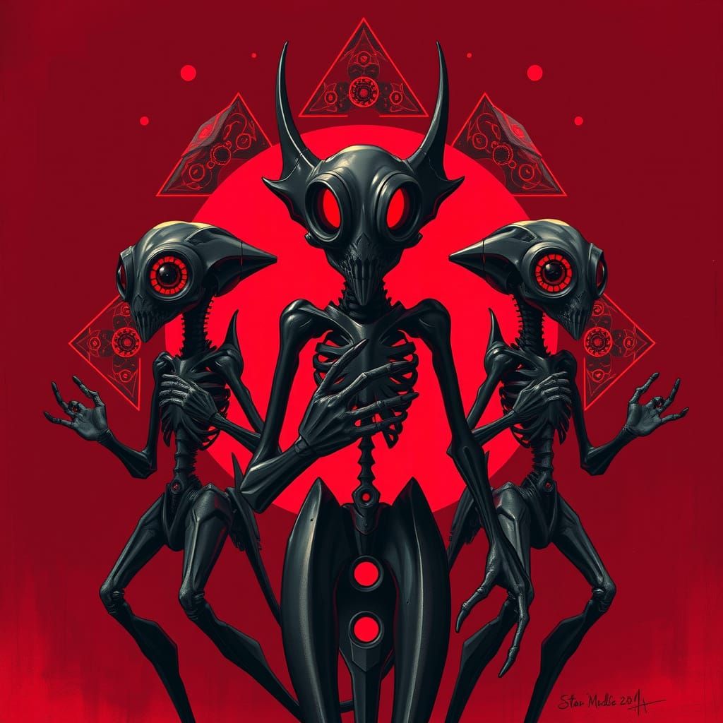 Mysterious, Alien-Like Figures in Futuristic Triangular Comp...