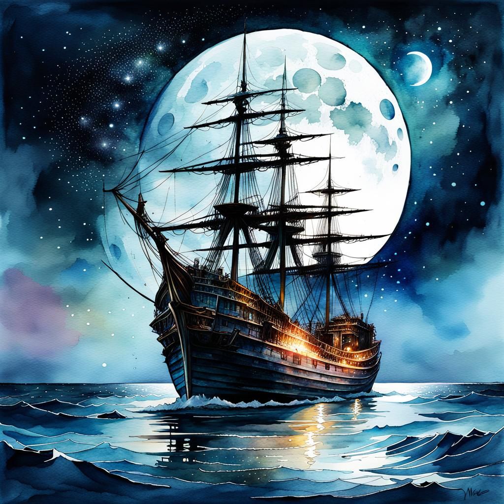 Lonely Ship at Galaxy Night: Watercolor Fairytale Art