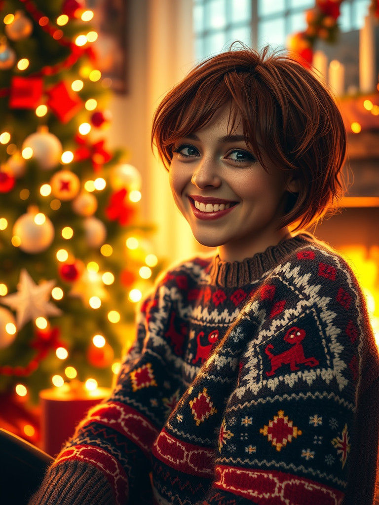 Festive Portrait of Woman in Christmas Sweater