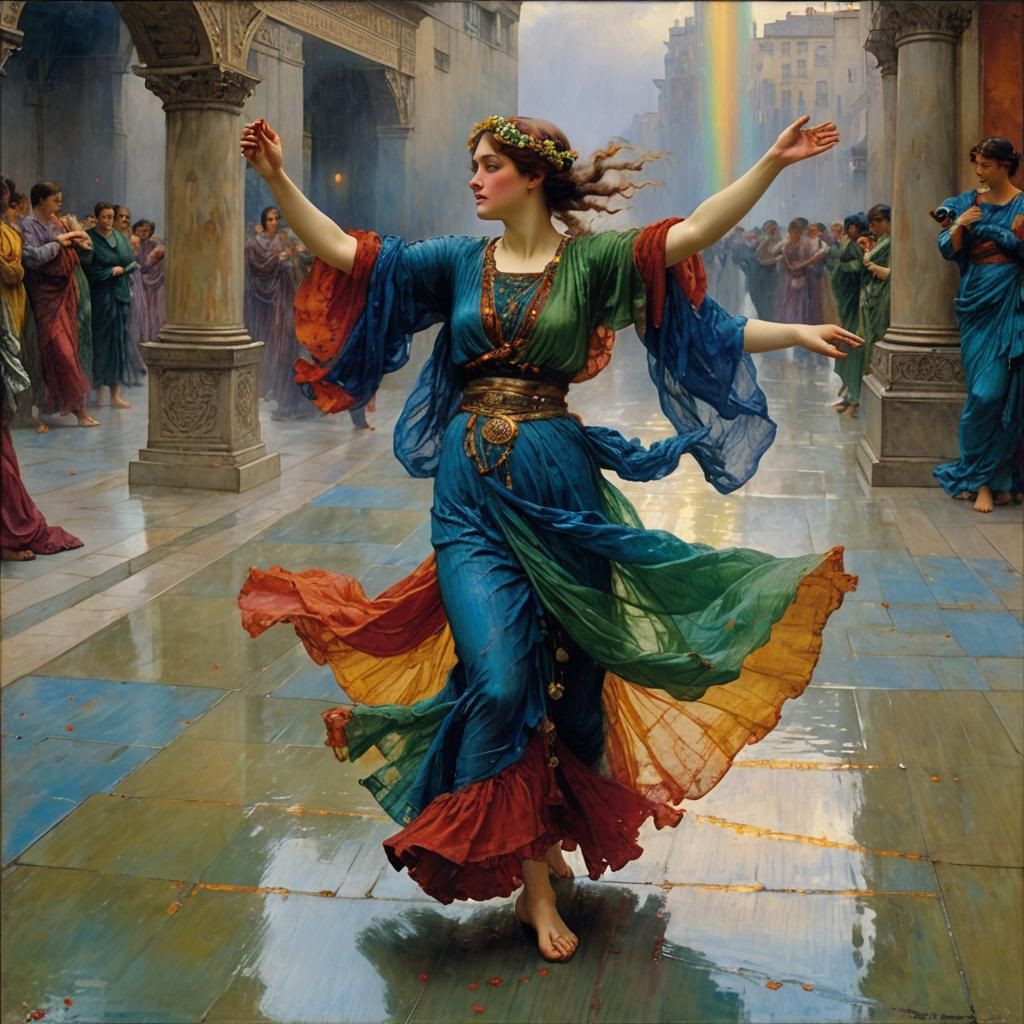 Rainbow Dancer in Electric Rain: Alma-Tadema Style