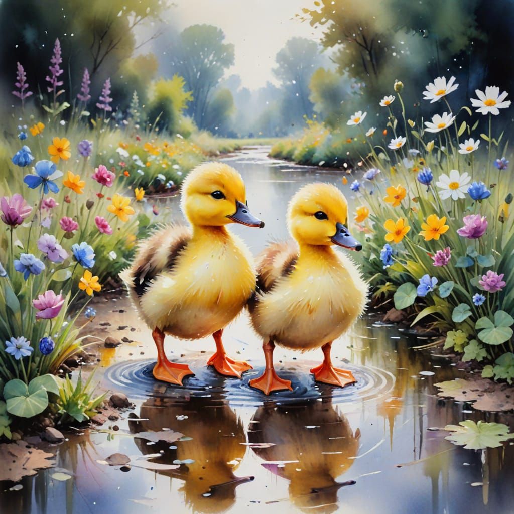 Ducklings in Muddy Puddle: Impressionist Watercolour Paintin...