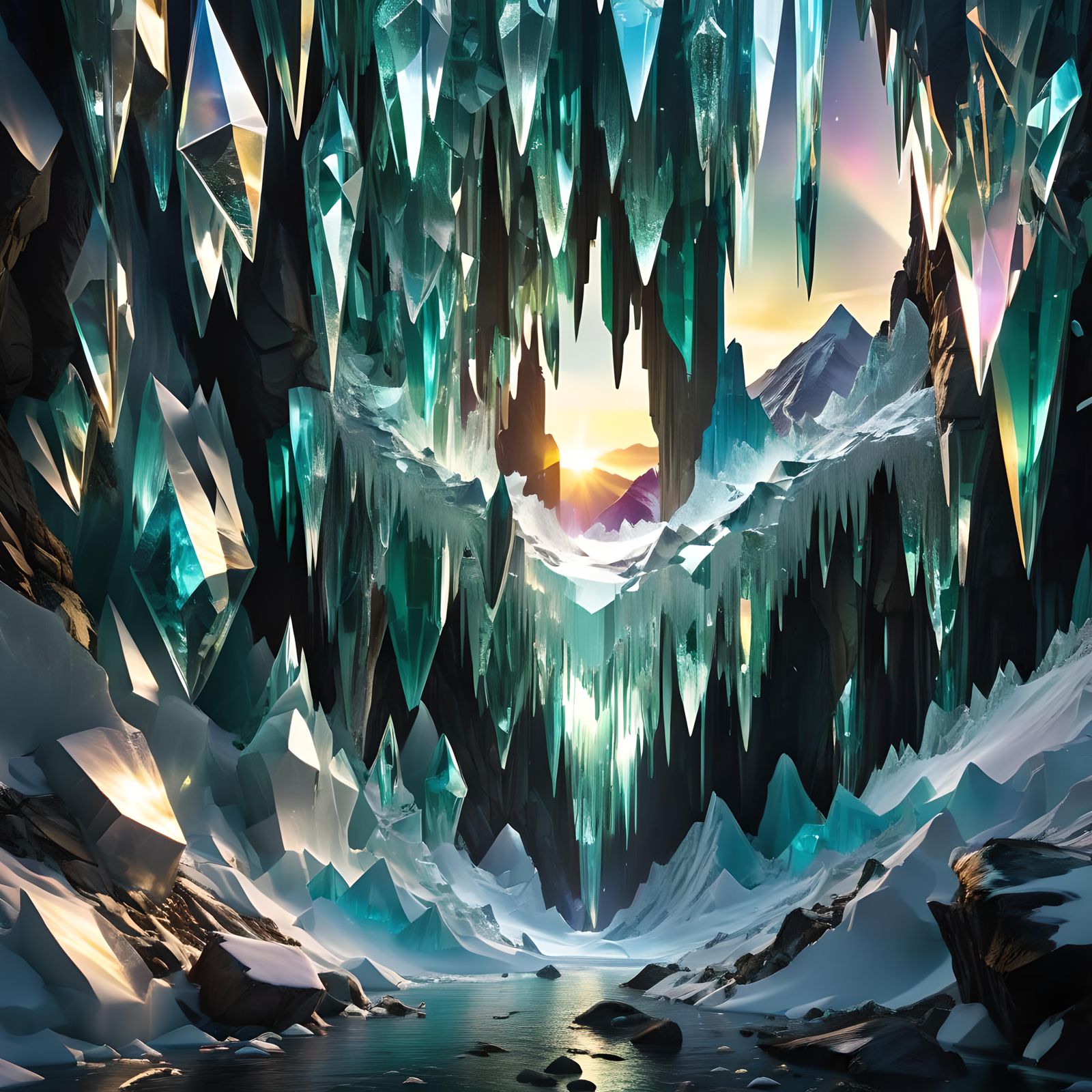 Surreal Crystalline Ice Wall with Dimensional Shards