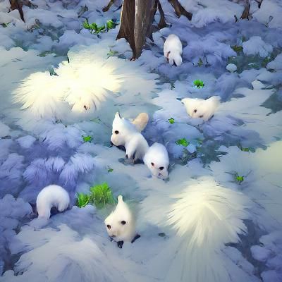 Snowy Forest Scene with Fluffy White Foxes