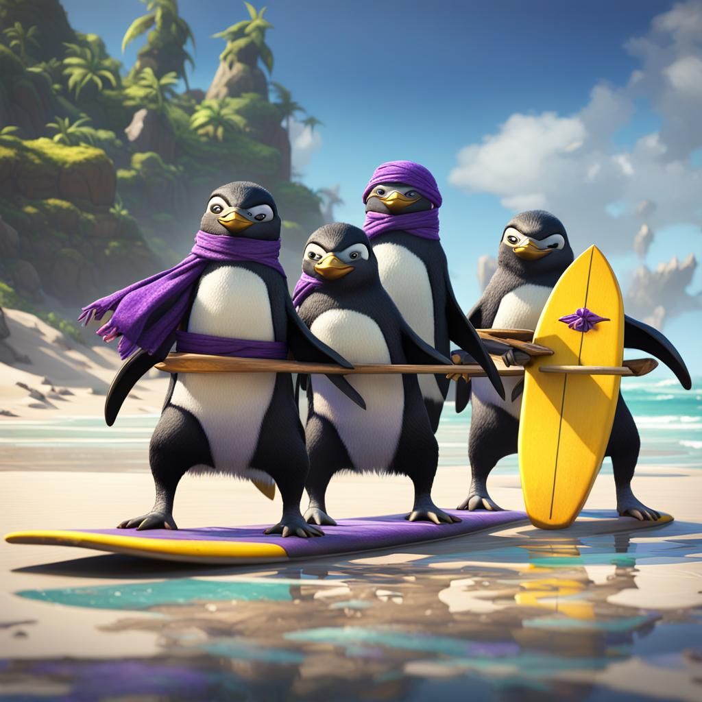 Ninja Penguins on Surfboards: A Colorful Adventure
