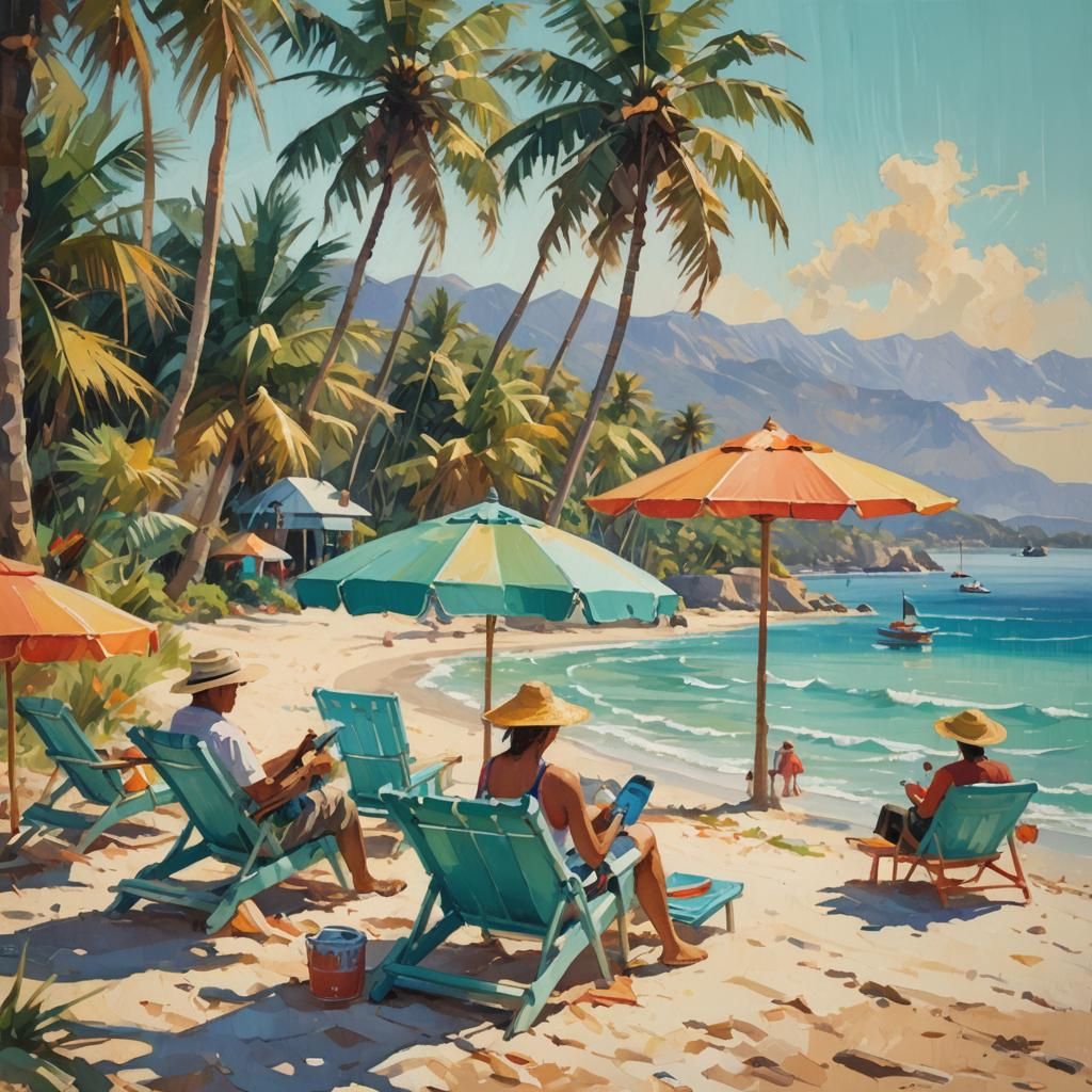 Impressionist Coastal Scene with Couple on Beach