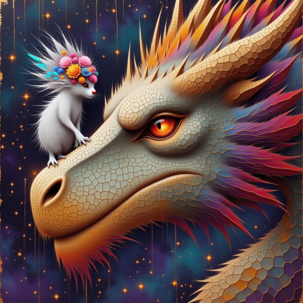 Dragon's Fiery Snout with Whimsical Rainbow Creature