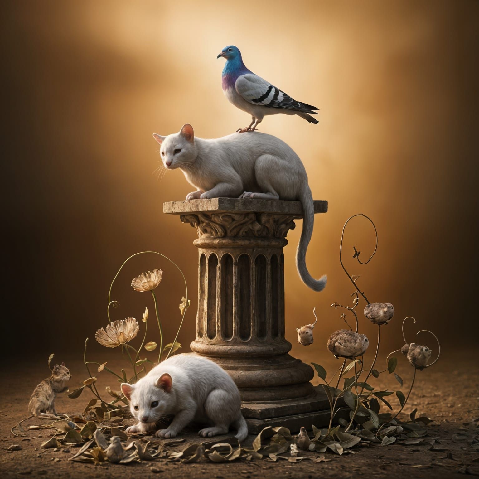Surreal Golden Light Scene with Pigeon, Cat, and Ferret