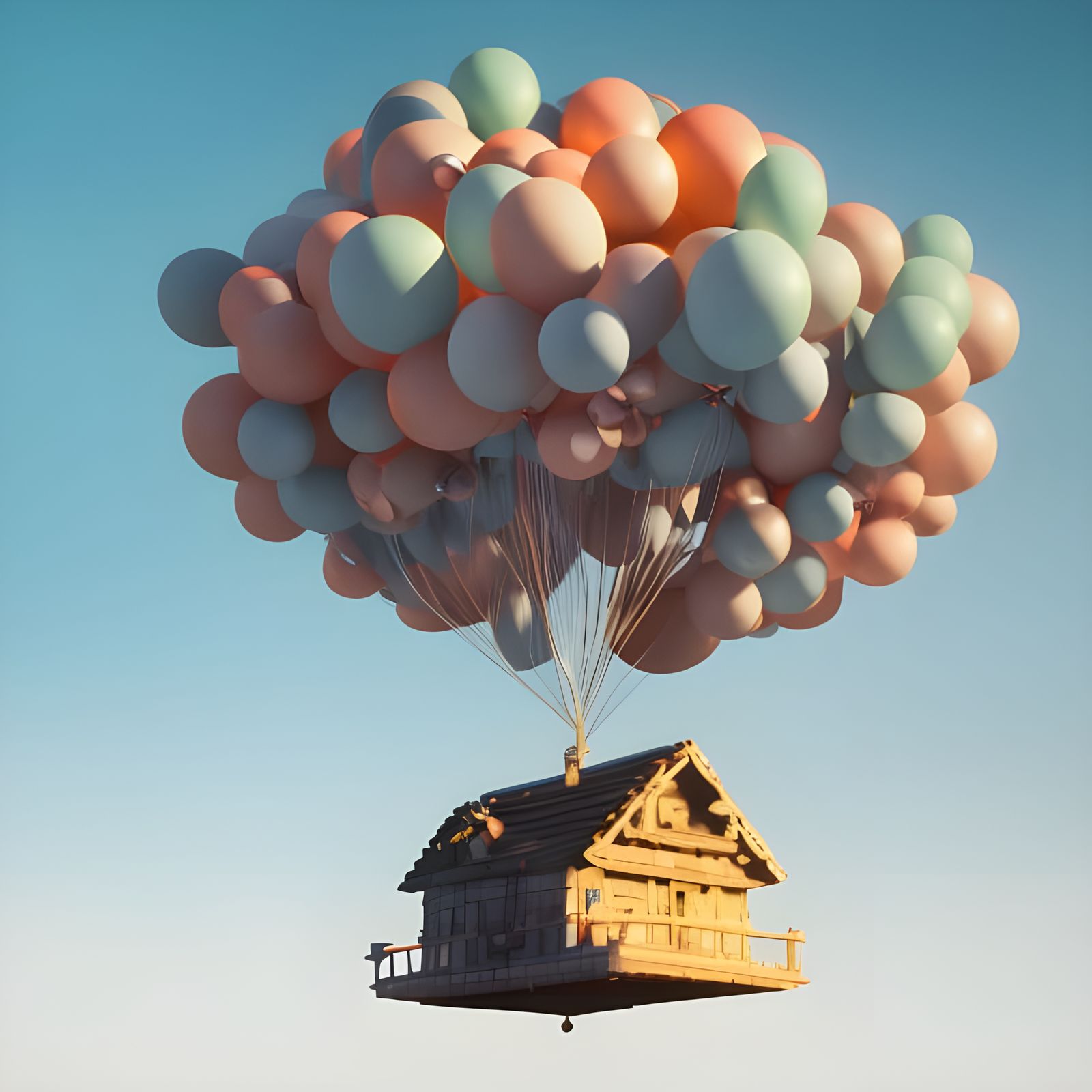 Floating House Held Aloft by Balloons