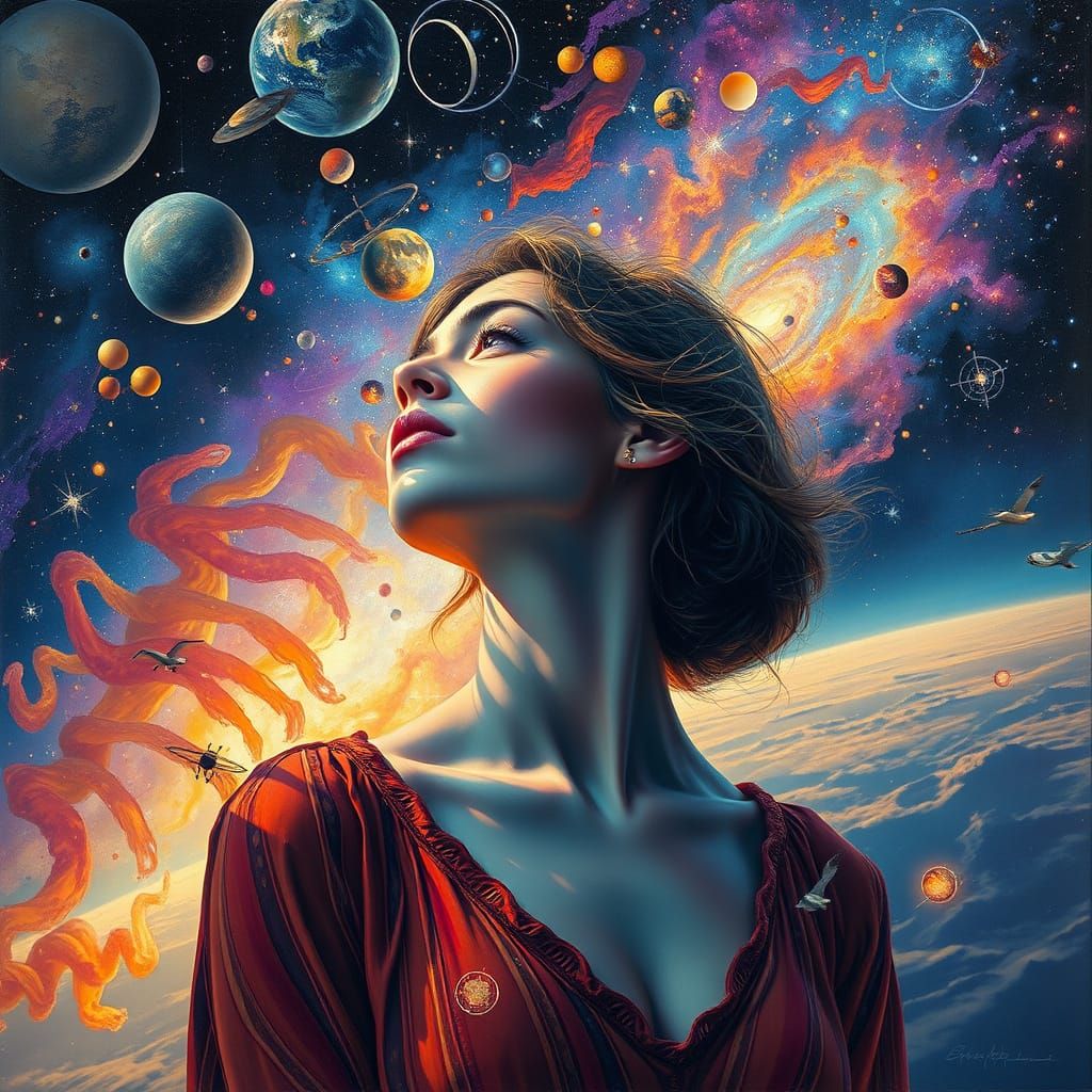 Cosmic Dreamscapes: A Woman Surrounded by Celestial Wonders