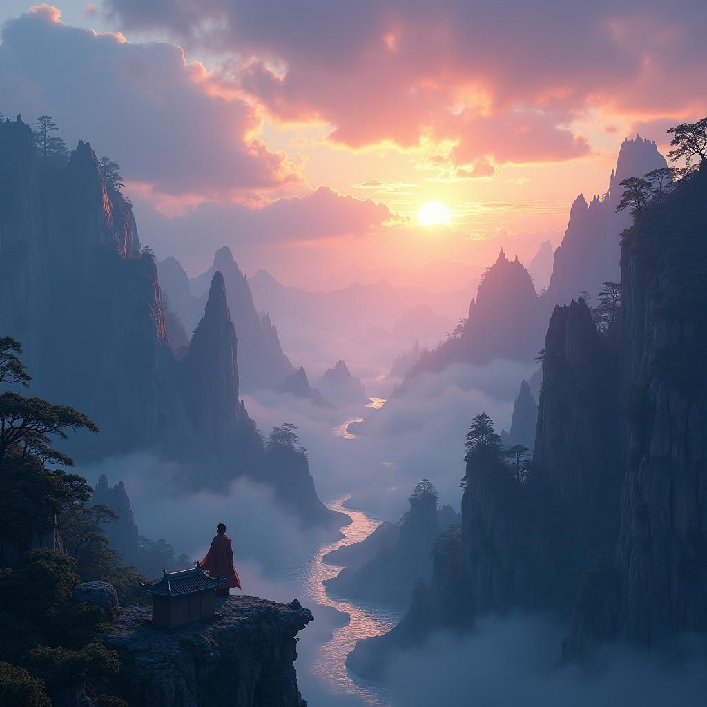 Wuxia Landscape: Mountain Serenity in Ombre Sky