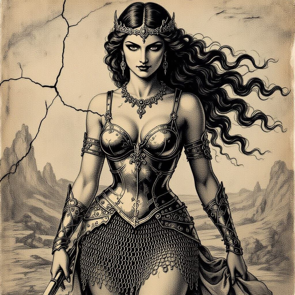 Ancient Goddess Engraving in Albrecht Dürer Style