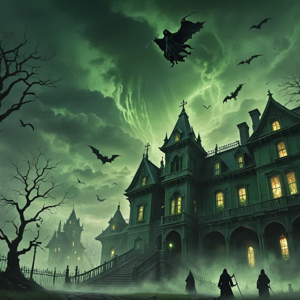 Grim Reaper at Haunted Mansion in Gothic Style