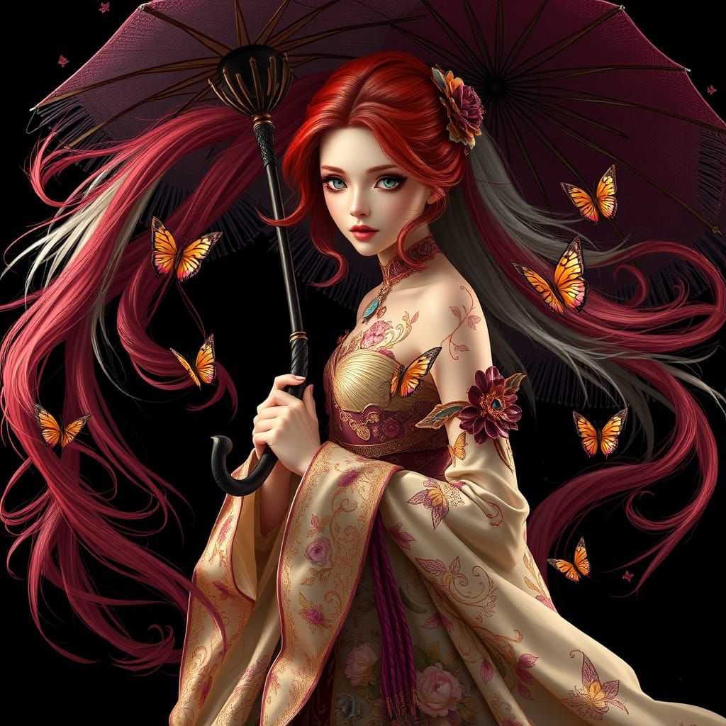 A stunning young woman with flowing red and white hair holds an elegant umbrella against a deep black background. Her in...