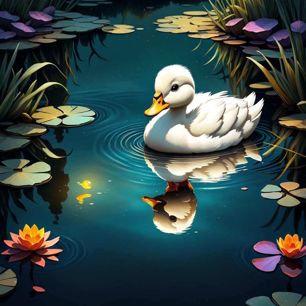 Duckling's Surreal Reflection: A Folk Art Swan