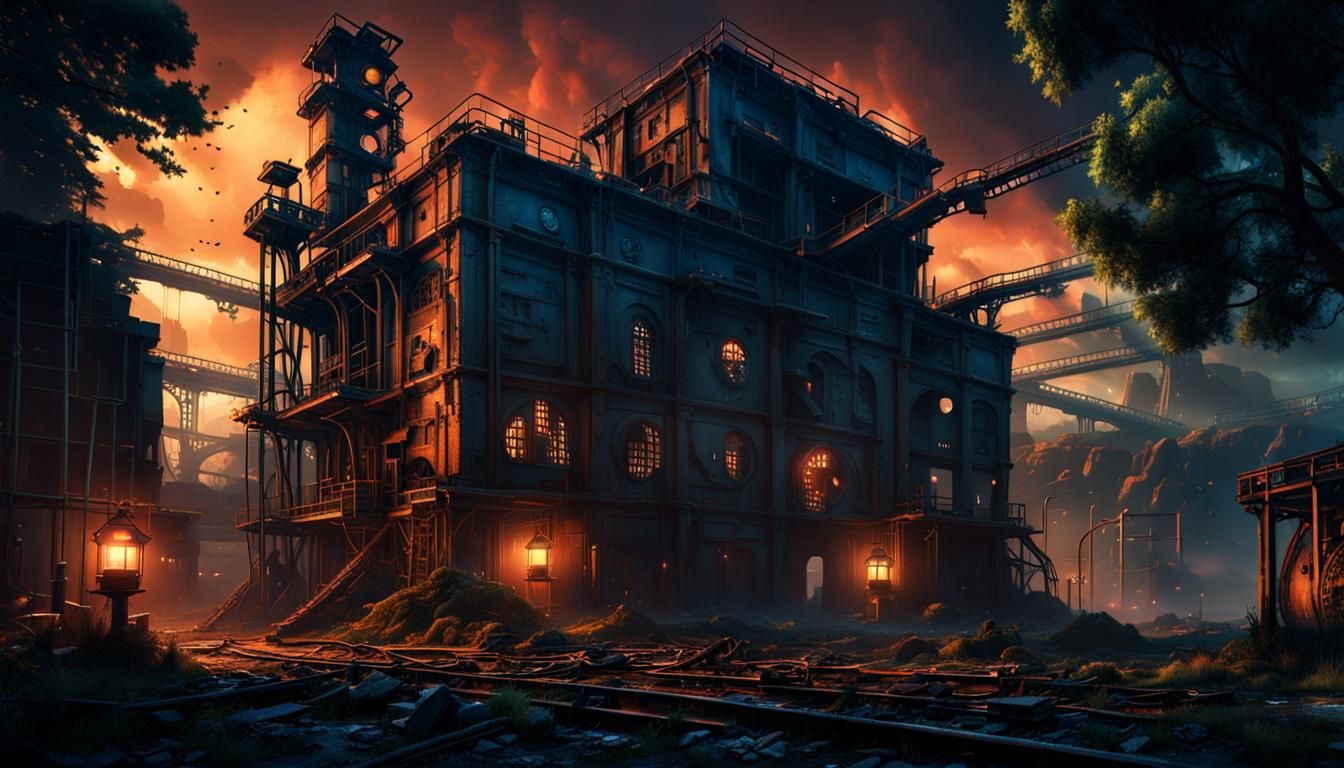 Abandoned Plant at Night: Detailed Matte Painting