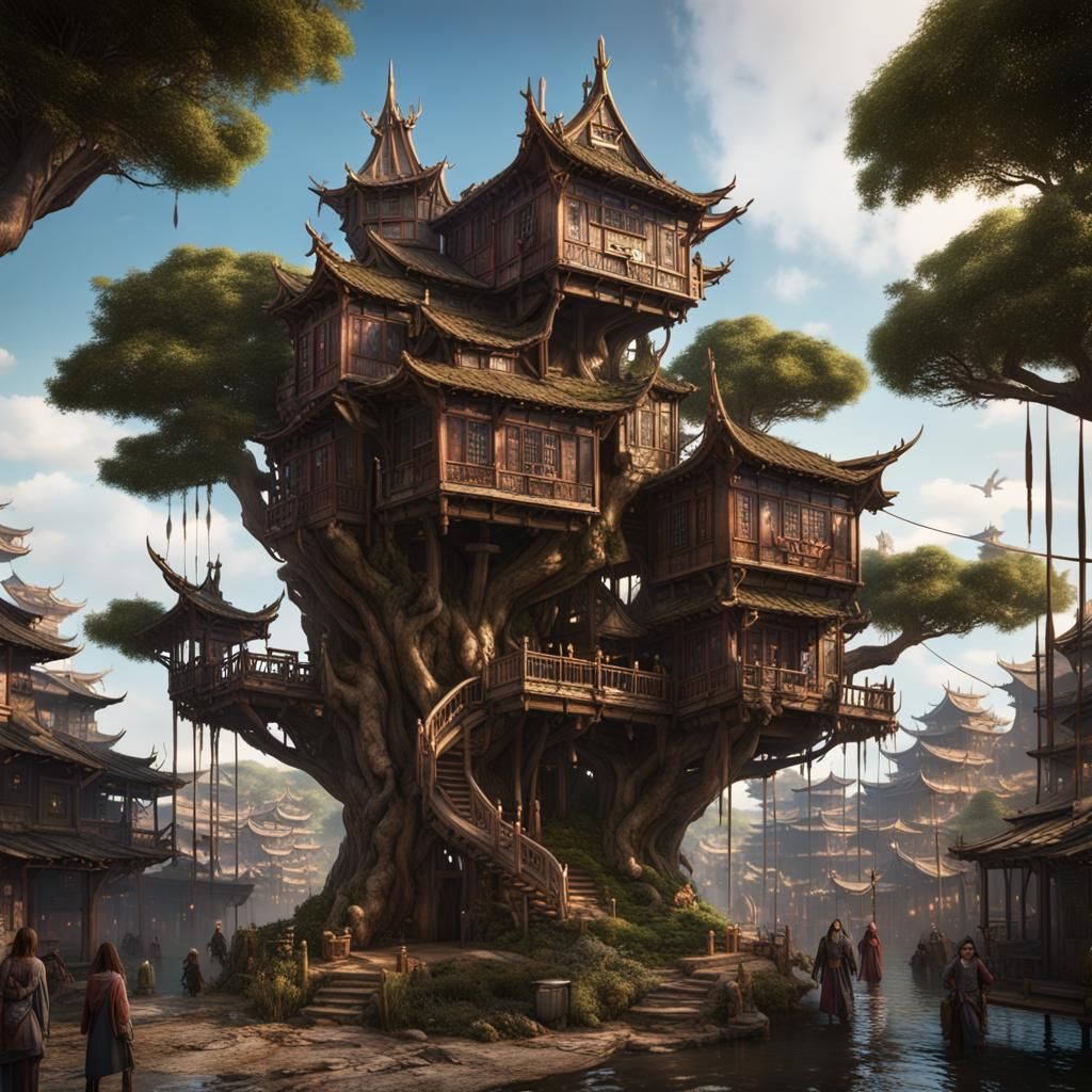 Medieval Kowloon Treehouse City in Detailed Matte Painting
