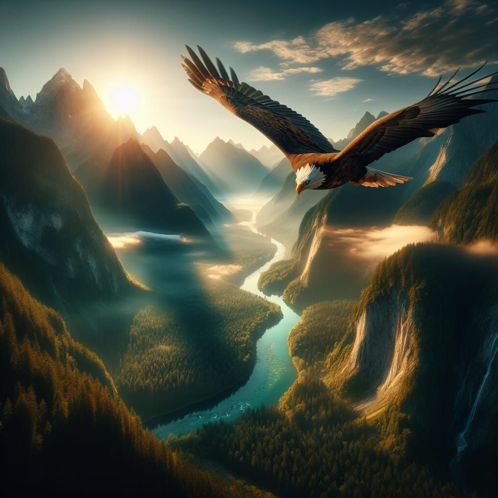 Eagle Soaring Above Majestic Mountain Peaks at Sunrise