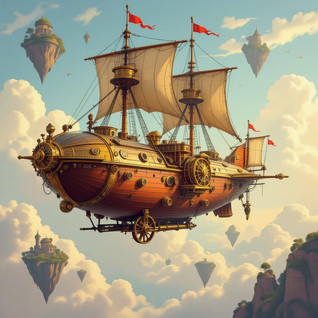 Steampunk Airship Amidst Floating Islands