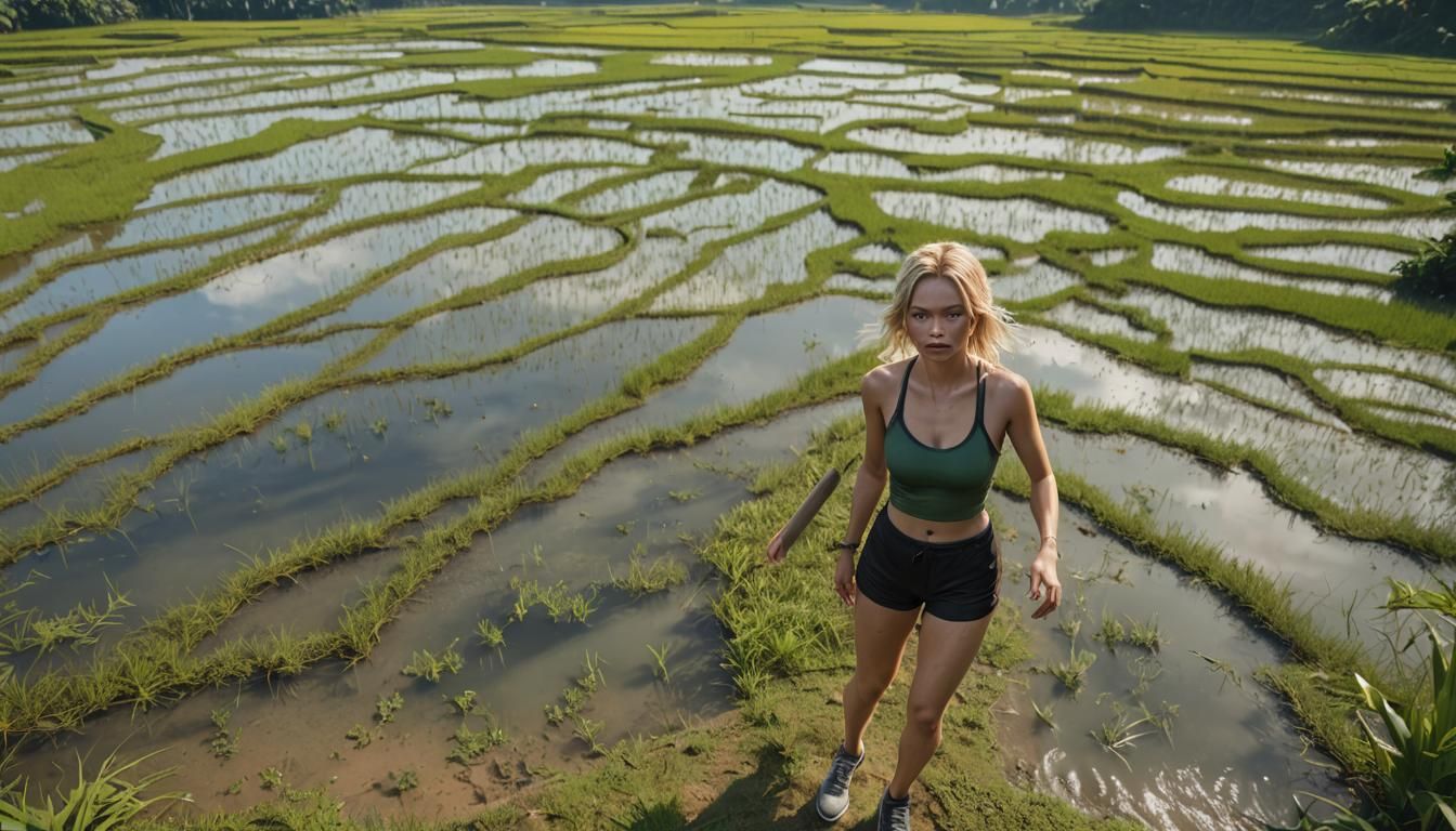 French Woman in Vietnam Rice Fields, 3D Render