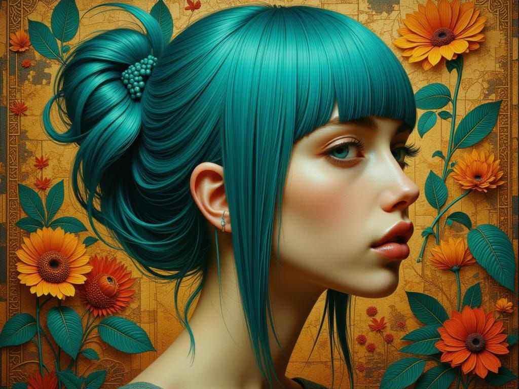 Turquoise-Haired Woman Portrait in Art Nouveau Style