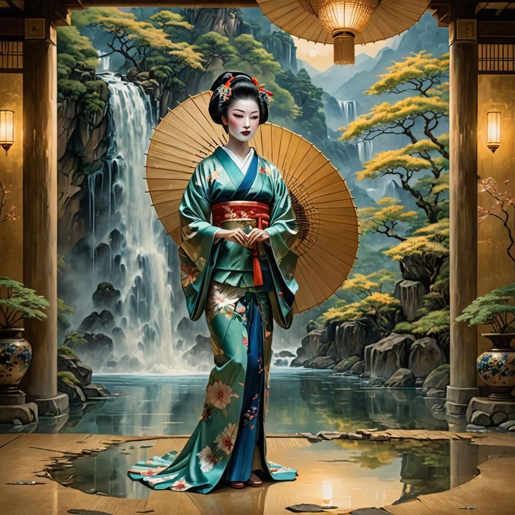 Geisha in Fantastical Interior with Magical Lighting