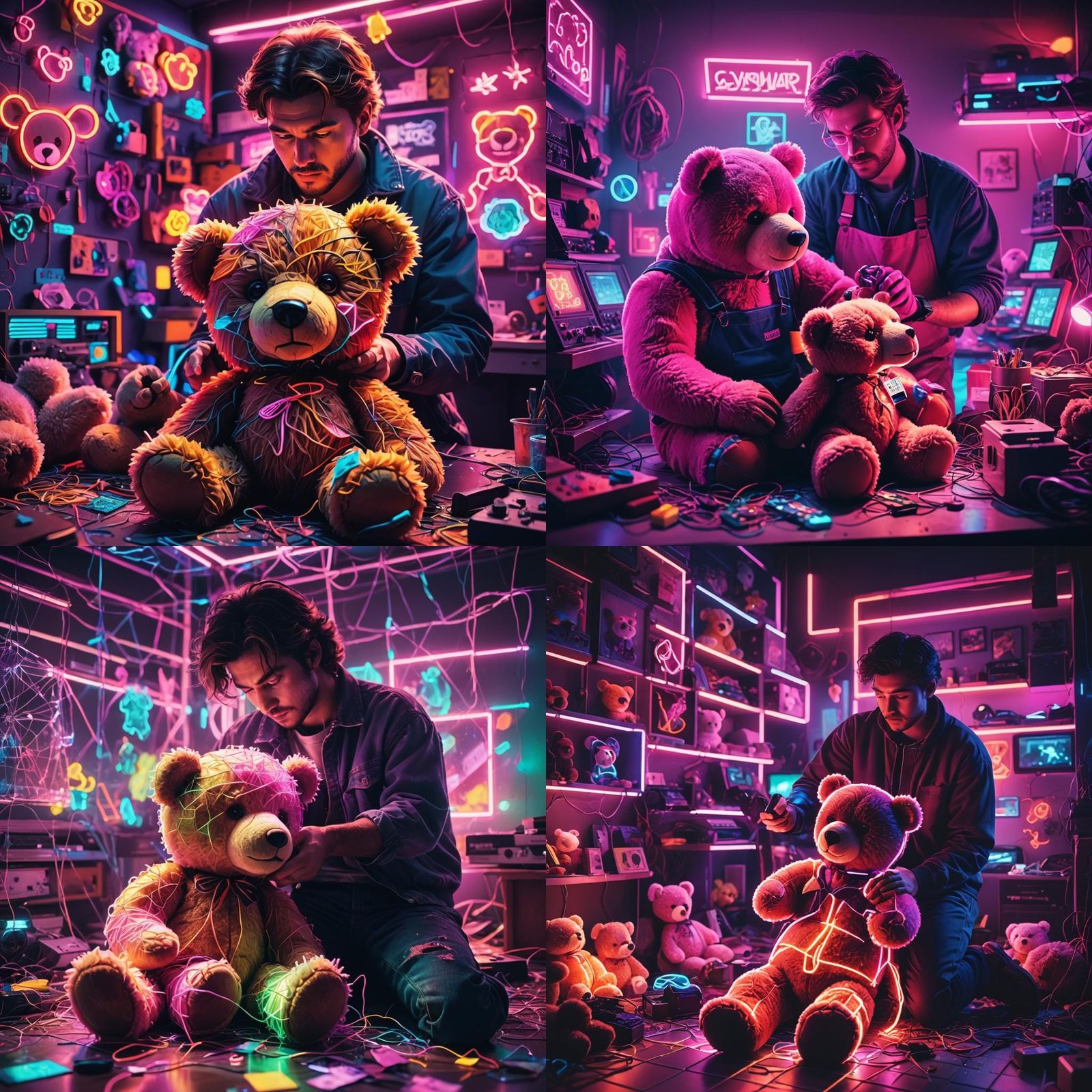 Man Mending Teddy Bear in Synthwave Style