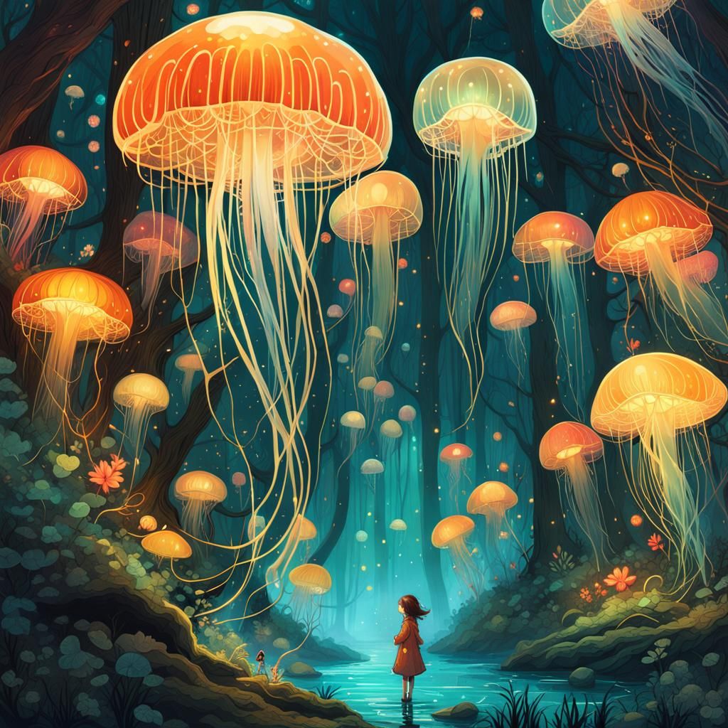 cute girl and beautiful glowing jellyfish in enchanted fores...