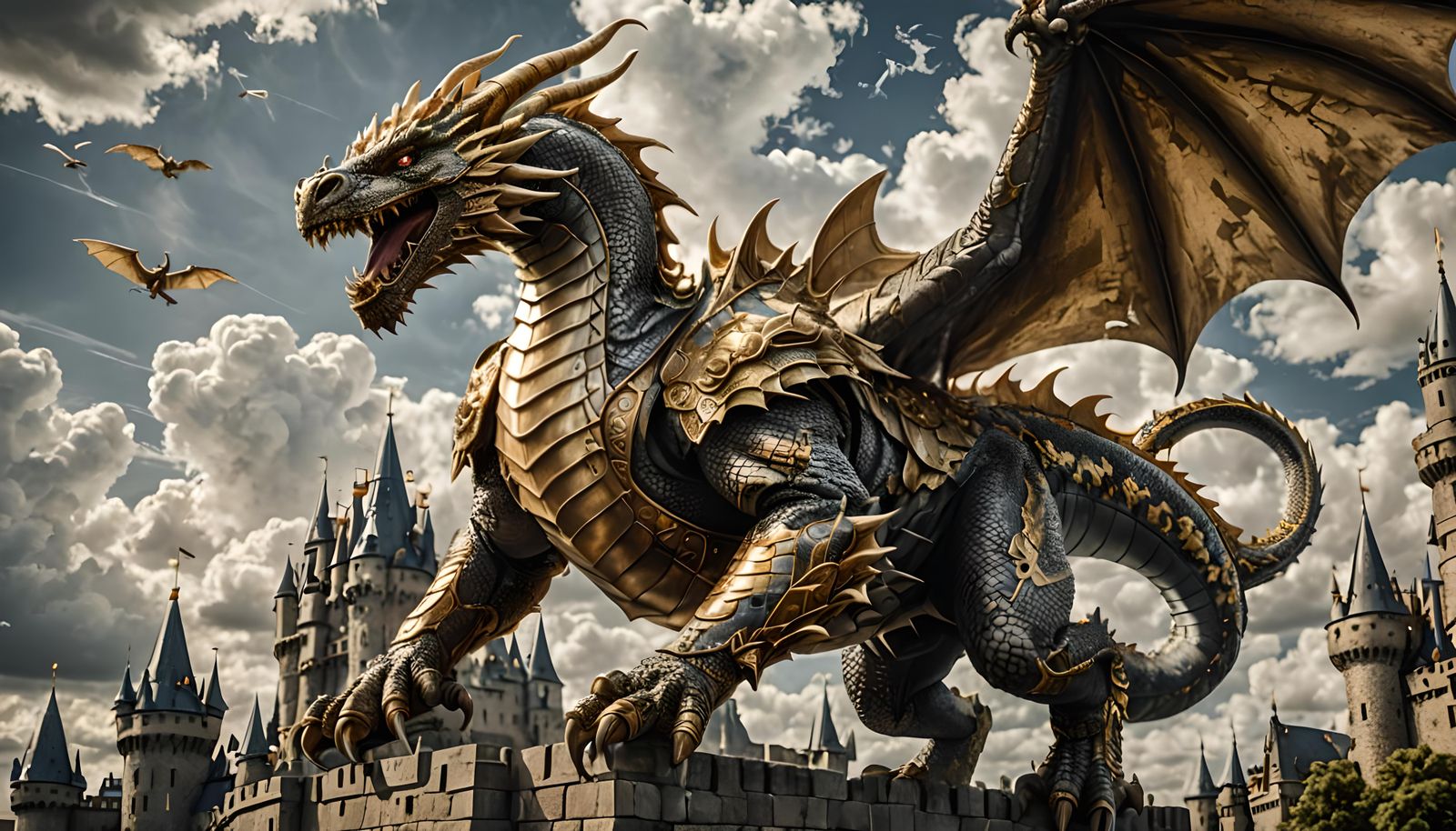 Armored Battle Dragon Flying Around Castle, HDR